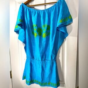 Debbie Katz South Beach Embroidered Turquoise Tunic with Fluted Sleeves Sz Large